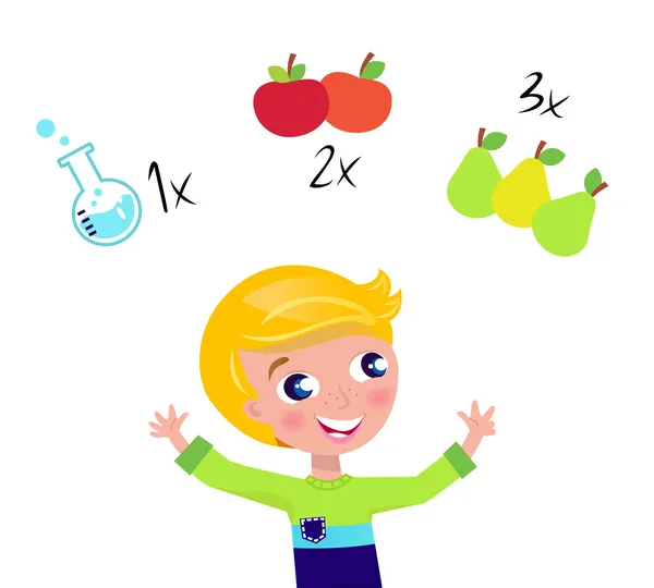 Χαριτωμένο ξανθό αγόρι εκμάθησης μαθηματικών και καταμέτρηση απομονωθεί σε λευκό — Διανυσματικό Αρχείο