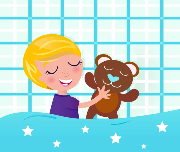 Süßer schlafender und träumender Junge mit Teddybär — Stockvektor