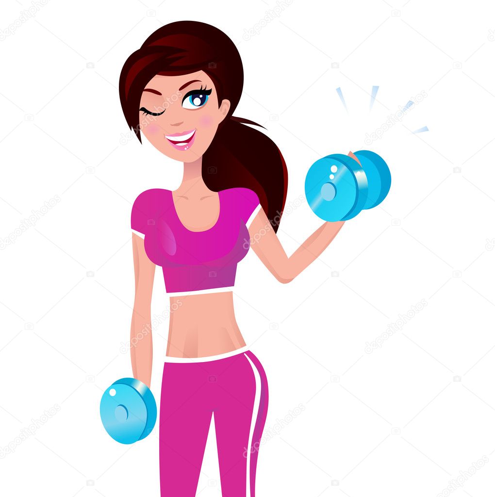 Beautiful Brunette Fit Woman Exercising With Weights In Her Hand ⬇ Vector Image By © Beeandglow