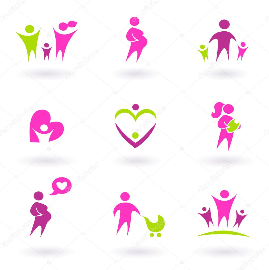 Maternity, pregnancy and health icons isolated on white - pink,