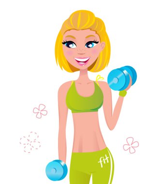 Beautiful fit blond hair woman exercising with two dumbbell weig clipart