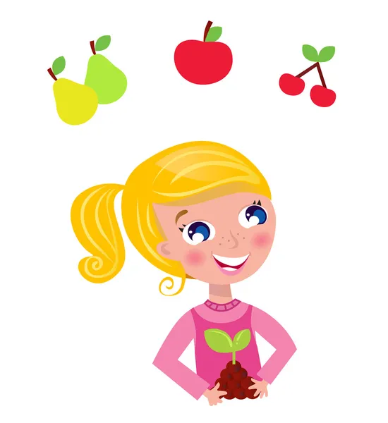 Cute little gardener child with plant and fruit isolated on whit — Stock Vector