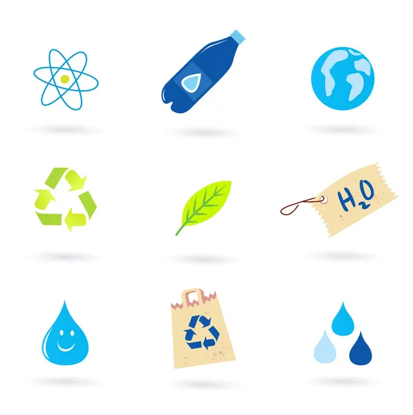 Iconos de reciclaje, agua y naturaleza aislados en blanco — Vector de stock
