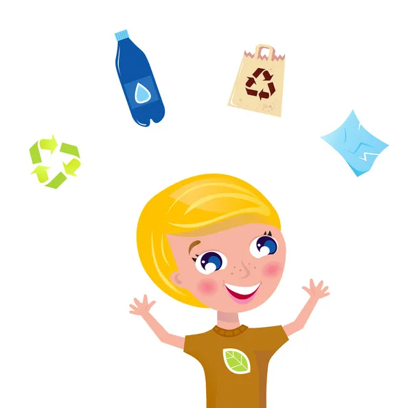 Pequeño niño apoyo reciclaje aislado en blanco — Vector de stock