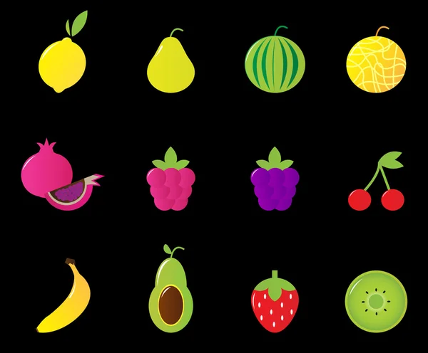 Świeże owoce idealna jagody ikony zestaw na czarnym tle — Wektor stockowy