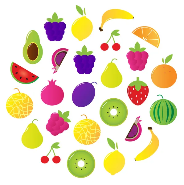 Φρέσκα φρούτα & μούρα κύκλο που απομονώνονται σε λευκό — Διανυσματικό Αρχείο