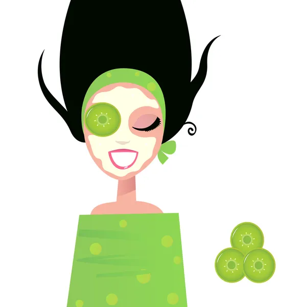 Wellness žena s obličejovou maskou & okurka zelená — Stockový vektor