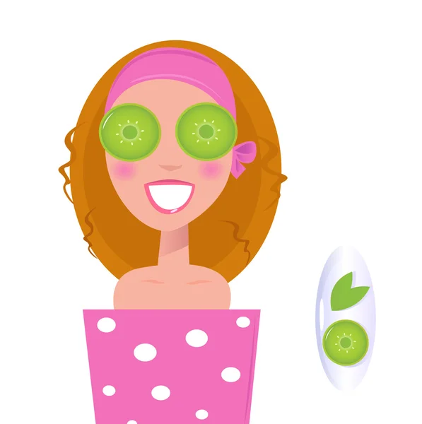 Wellness girl relaxing with cucumber on eyes green — Stock Vector