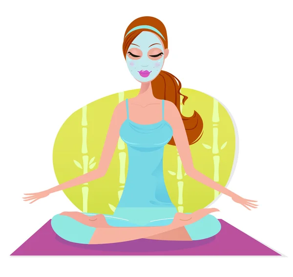 Bella donna con maschera facciale seduta su tappetino yoga e meditazione - verde — Vettoriale Stock