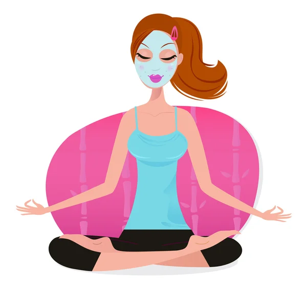 Linda mujer joven con máscara facial haciendo pose de yoga - rosa — Vector de stock