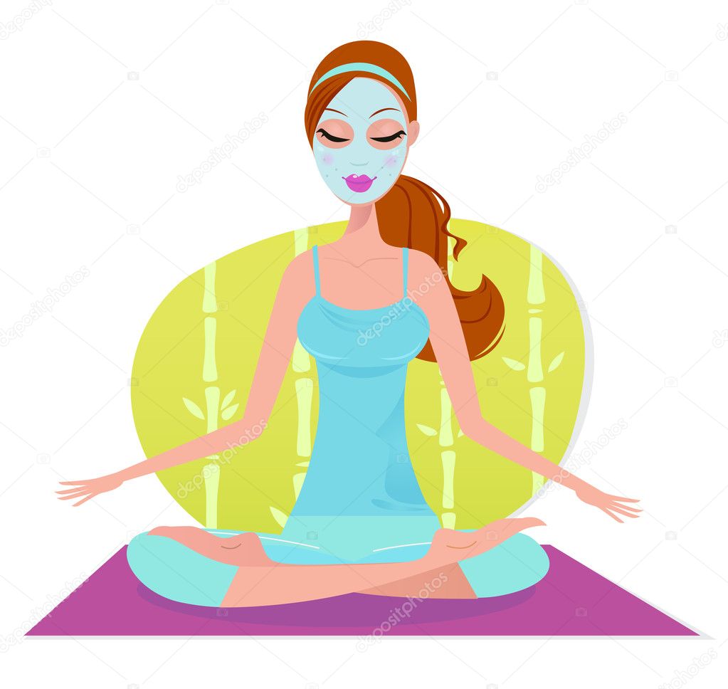 Beautiful woman with facial mask sitting on yoga mat and meditating - green