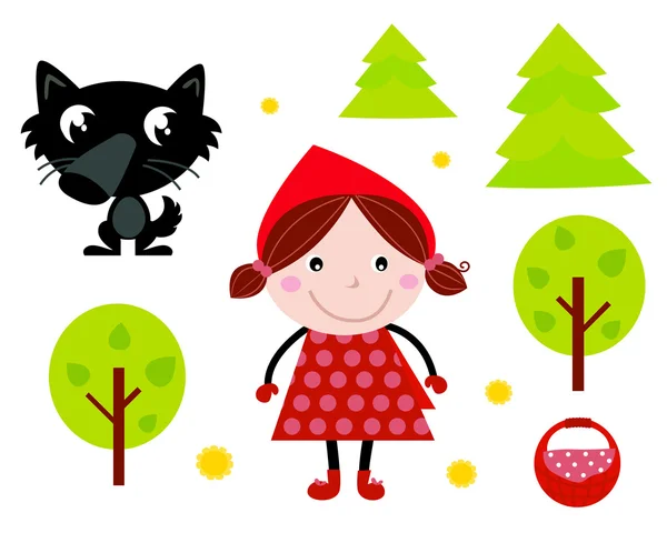 Cute Red Riding Hood, Wold & Accessories, Icons — Stock Vector