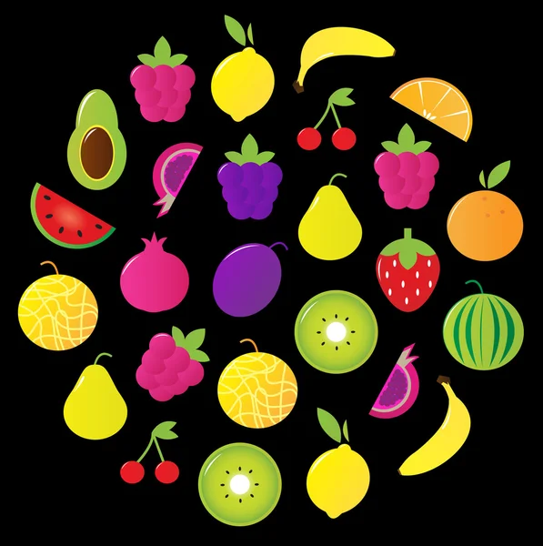 Fraîche savoureux cercle de fruits stylisés isolé sur noir — Image vectorielle