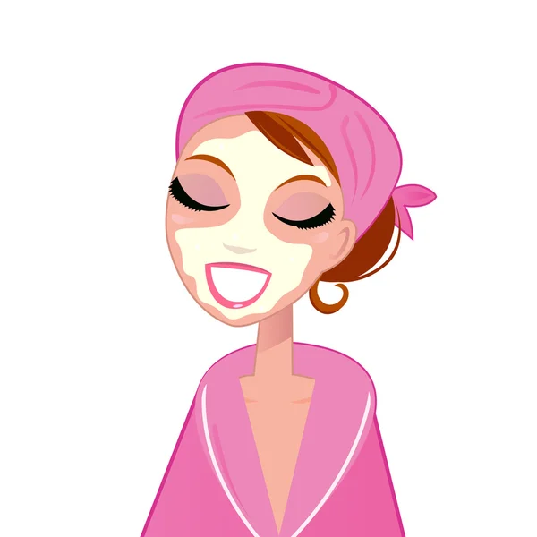 Spa menina facial vestindo roupão de banho rosa isolado no branco —  Vetores de Stock