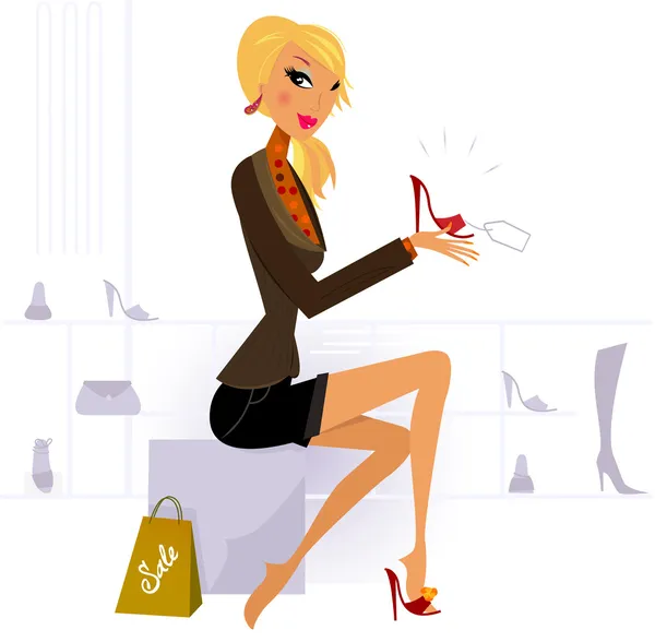 Blond włosa kobieta kupno moda czerwone buty w sklepie — Wektor stockowy