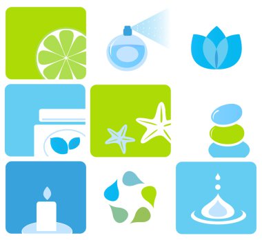 Natural cosmetics and spa icons and elements - blue, green clipart