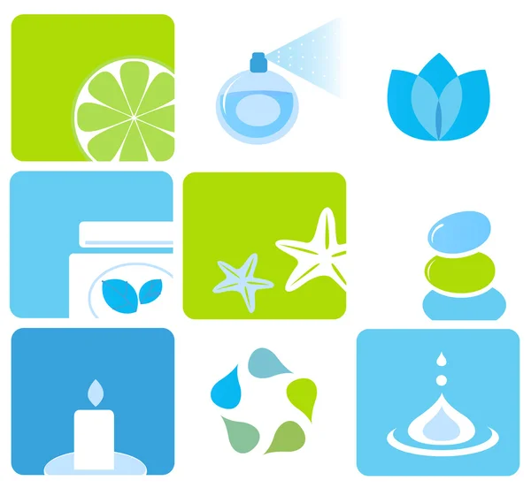 Cosméticos naturais e ícones de spa e elementos - azul, verde — Vetor de Stock