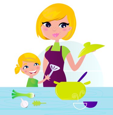 Mother with child cooking healthy food in kitchen clipart