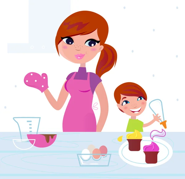 Glückliche Mutter mit ihrem Sohn beim Kochen in der Küche — Stockvektor