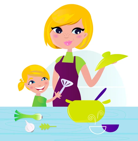 Mãe com criança cozinhar alimentos saudáveis na cozinha — Vetor de Stock