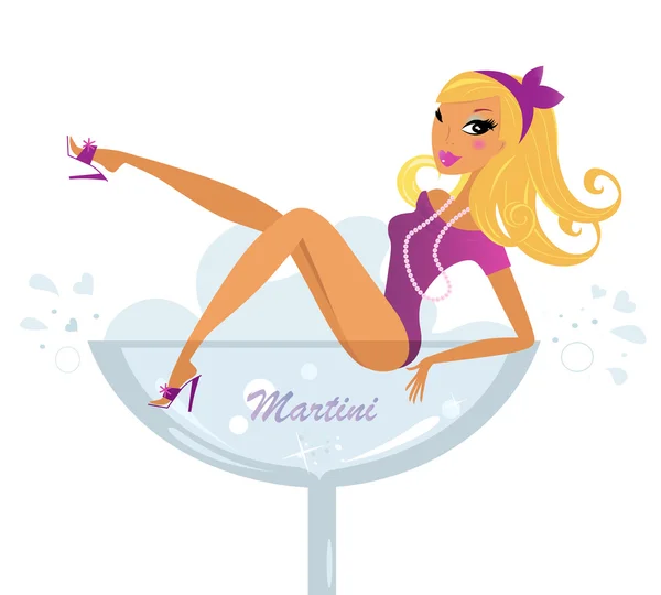 Pinup blondes Mädchen im rosa Bikini im Martini-Glas — Stockvektor