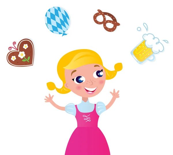 Octoberfest: Bavarian girl in pink dress juggling with icons — Stock Vector