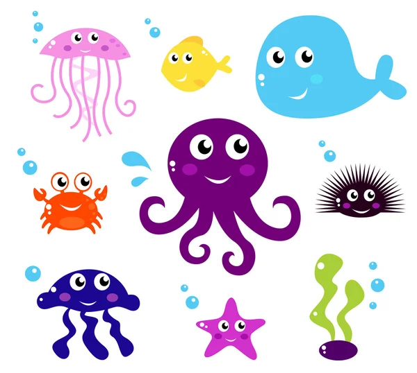 Dibujos animados Animales de mar, peces o criaturas iconos aislados en blanco — Vector de stock