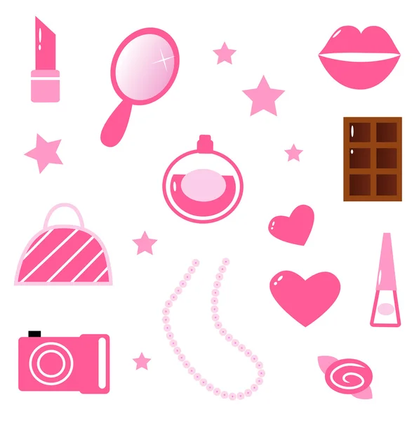 Niñas iconos de color rosa y elementos aislados en blanco — Vector de stock