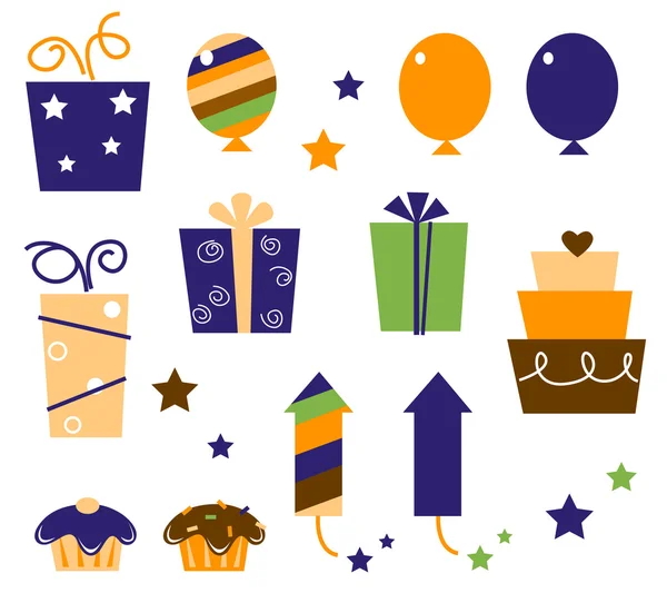 Iconos de cumpleaños retro y elementos aislados en blanco (naranja  ) — Vector de stock