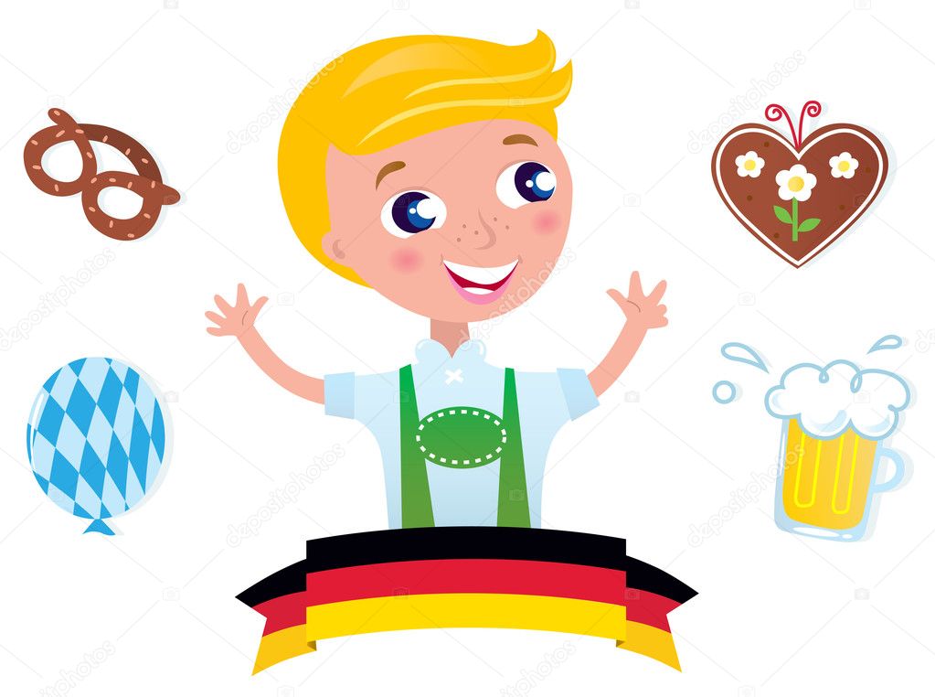 Cute bavarian Octoberfest male & icons isolated on white