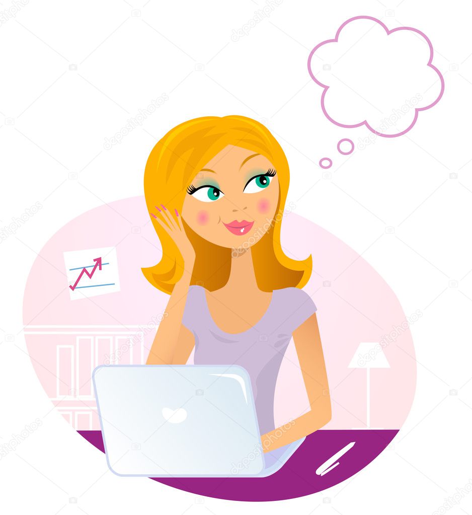Office woman with Laptop dreaming about something