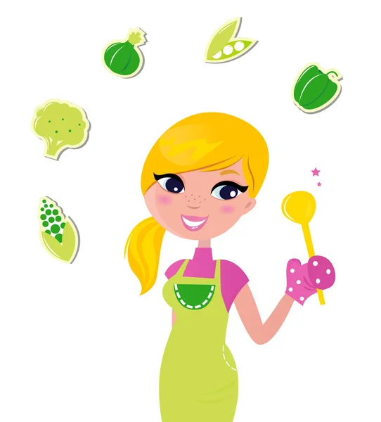 Matlagning kvinna förbereder grön hälsomat isolerad på vit — Stock vektor