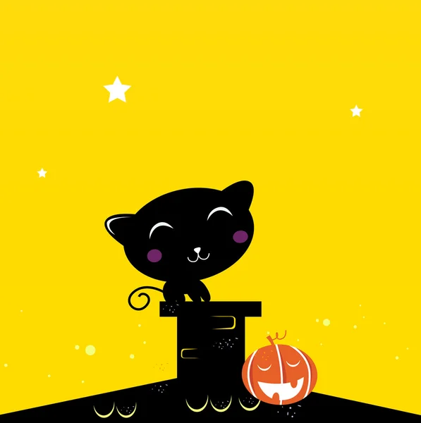 Black Halloween cat silhouette on the roof during dark night — Stock Vector