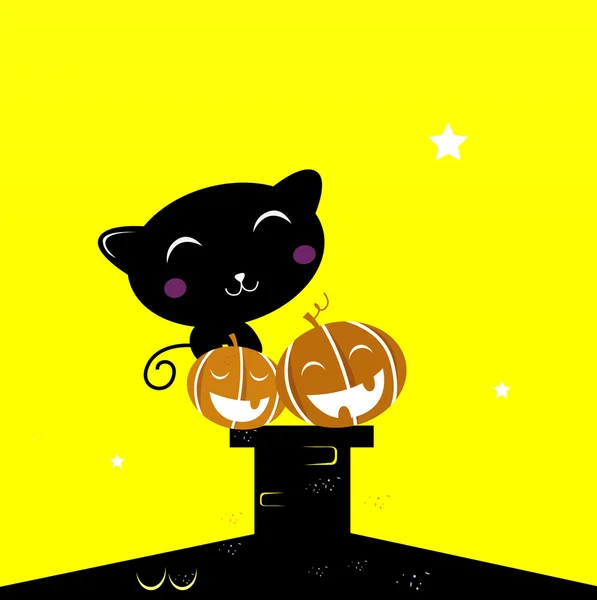 Svart halloween katt silhuett sitter på taket. — Stock vektor