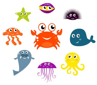 Sea creatures and animals vector icons isolated on white clipart