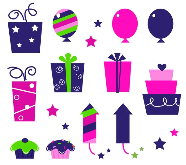 Iconos de fiesta de cumpleaños y elementos aislados en blanco - rosa, azul — Vector de stock