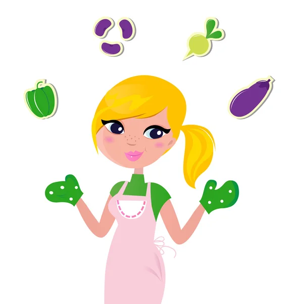 Anne jugglery, sebzeli yemek üzerine beyaz izole — Stok Vektör