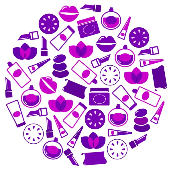 Iconos de cosméticos en círculo aislado en blanco - púrpura — Vector de stock