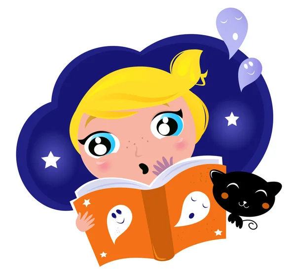 Criança tem medo ao ler Halloween Night Story —  Vetores de Stock