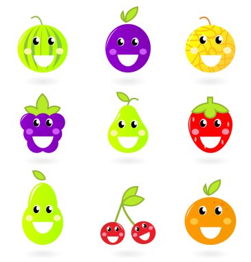 Fruity icon collection - nine Fruit Mascots isolated on white. clipart