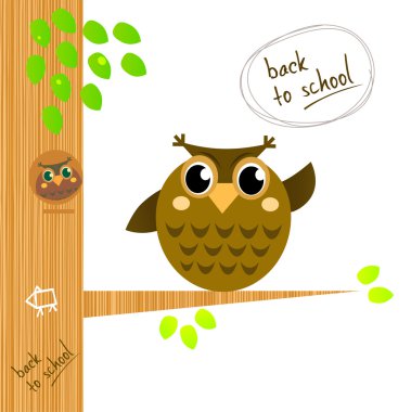 Brown wise owl on tree isolated on white. clipart