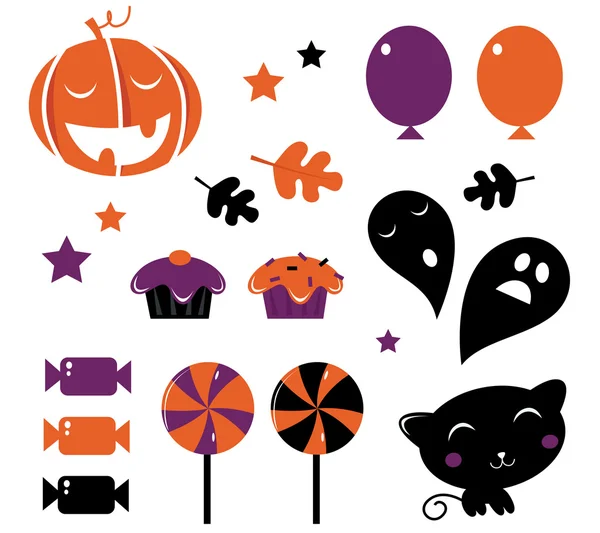 Ícones de Halloween e elementos retro isolados no branco - laranja & — Vetor de Stock