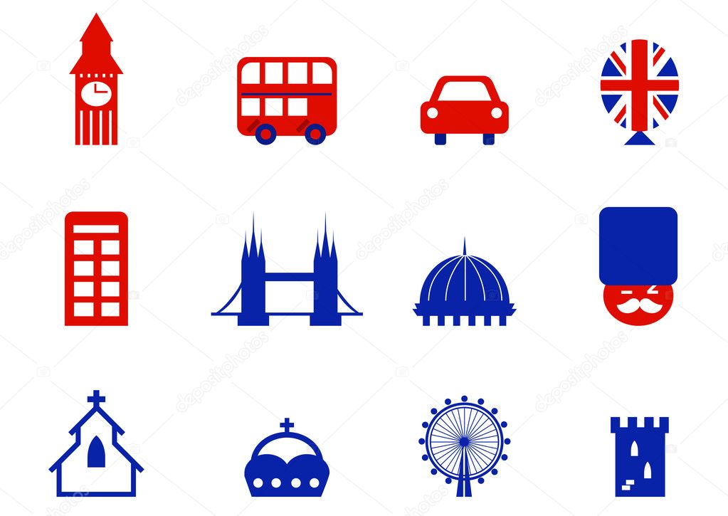 London & English icons and design elements isolated on white.