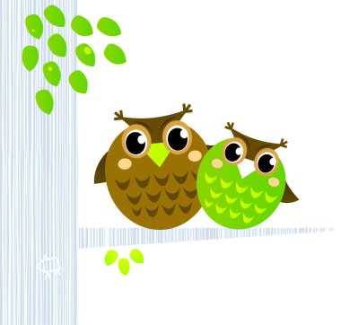 Two cute Owls sitting on the branch isolated on white clipart