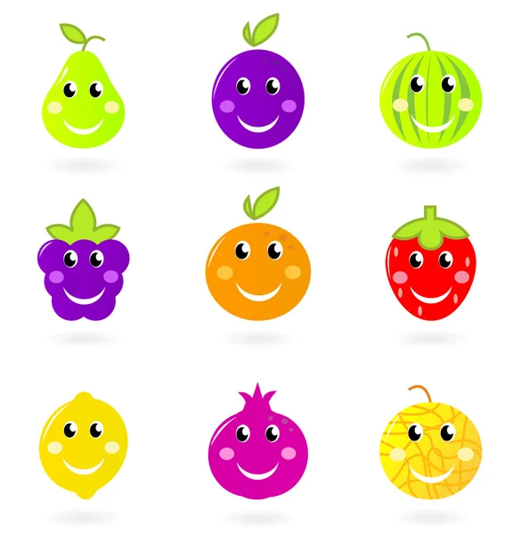 Cartoon smiling fruit characters icon set isolated on white. — Stock Vector