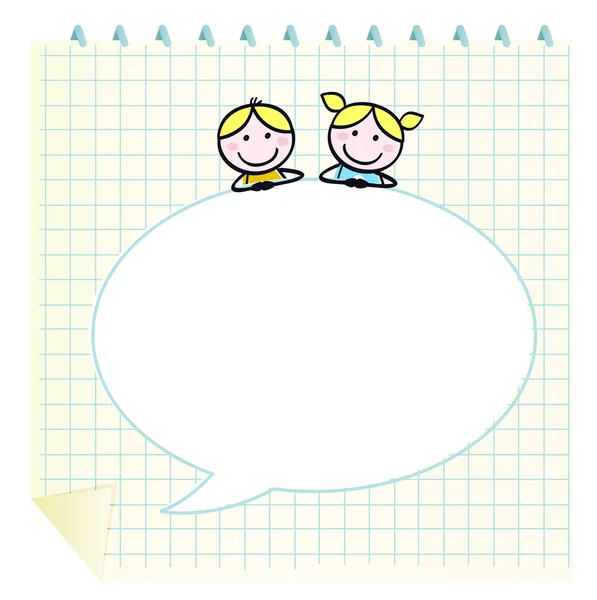 Doodle παιδιά σχολικής ηλικίας με το σημειωματάριο και φούσκα ομιλία κενό — Διανυσματικό Αρχείο