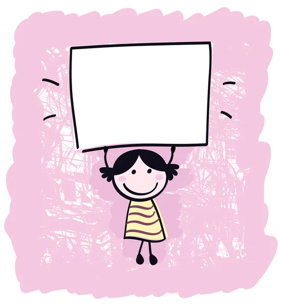 Bonito doodle criança retro segurando sinal de bandeira em branco - rosa, branco . — Vetor de Stock