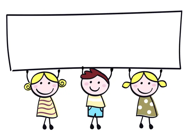 Aranyos doodle gyermekek tartja üres banner jele, elszigetelt fehér Vektor Grafikák