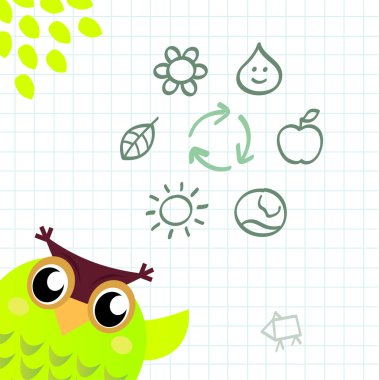 Recycle Owl with ecology and nature icos set. clipart