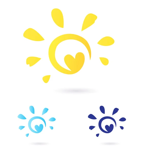 Icona astratta del sole vettoriale con cuore - giallo e blu, isolato o — Vettoriale Stock